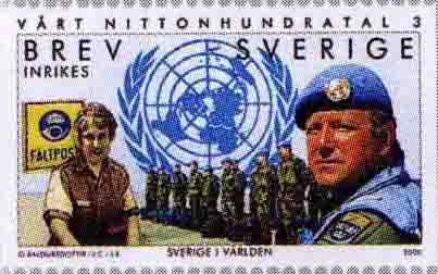 Svenskt frimärke med FN-soldater