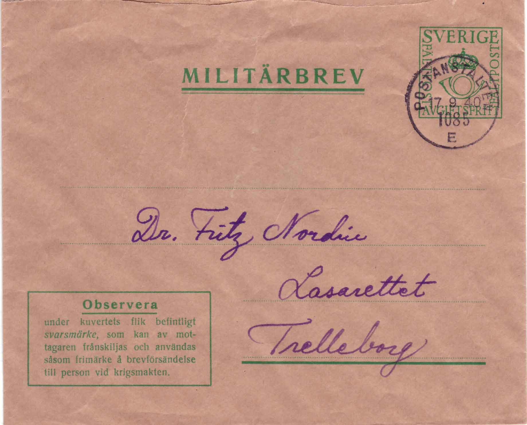 Militärbrev M8 stämplat Postanstalten 1085E