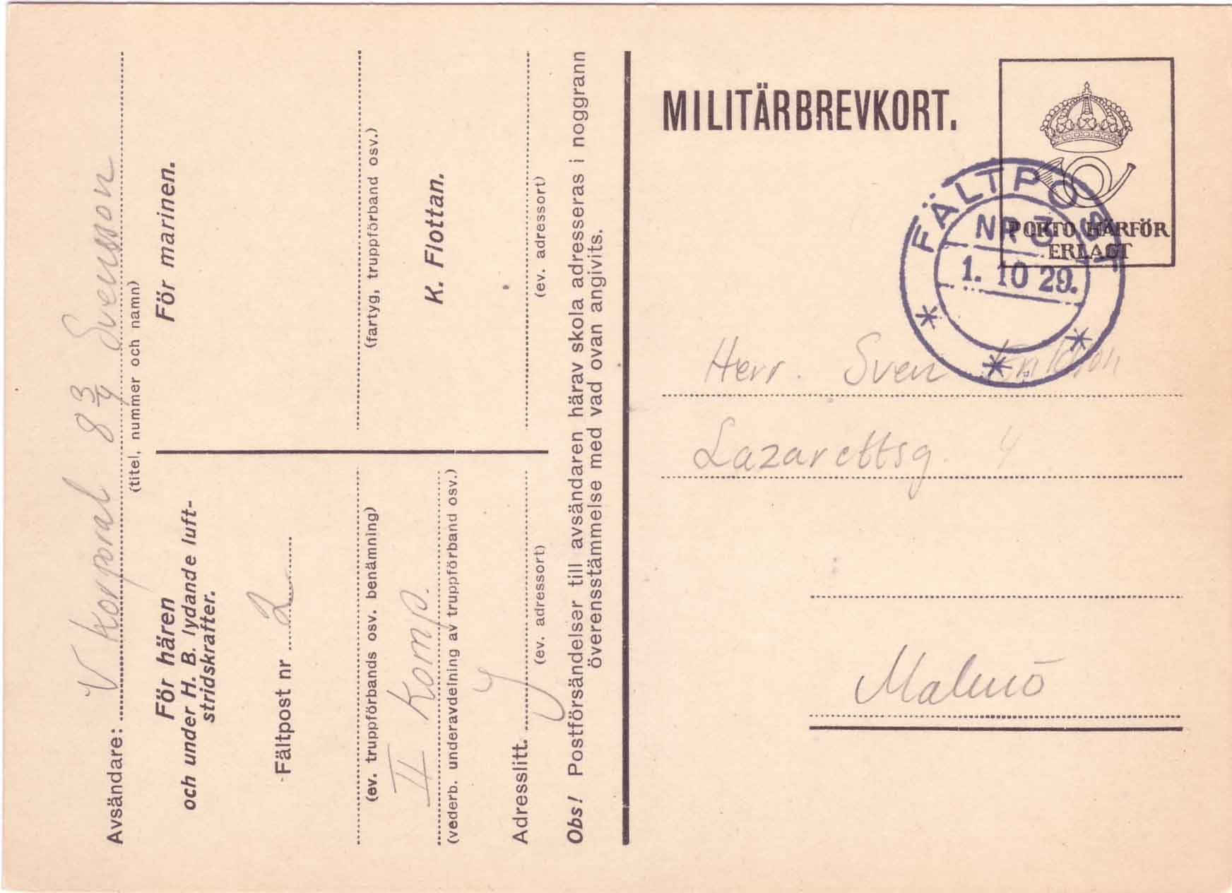 Militärbrevkort från 1929