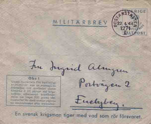 Militärbrev med Postastaltenstämpel i stål
