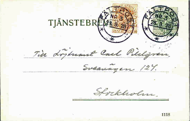 Tjänstebrevkort nr 7 använt 1928